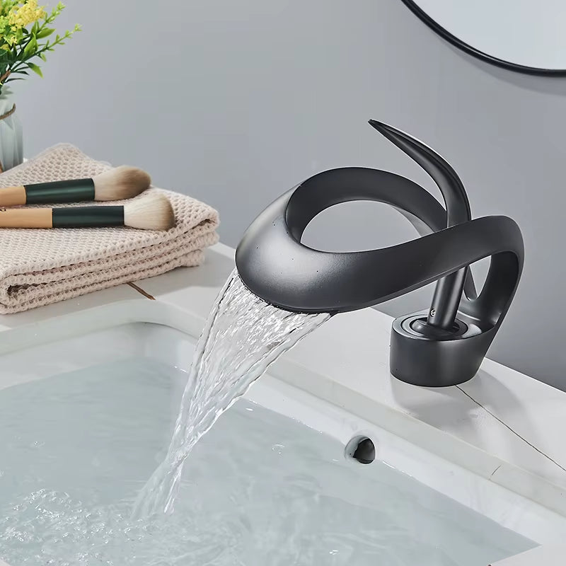 Elegant Black Waterfall Basin Faucet – Solid Brass, Single Handle, Creative Hollow Design for Modern Bathrooms