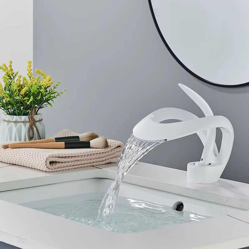 Elegant Black Waterfall Basin Faucet – Solid Brass, Single Handle, Creative Hollow Design for Modern Bathrooms