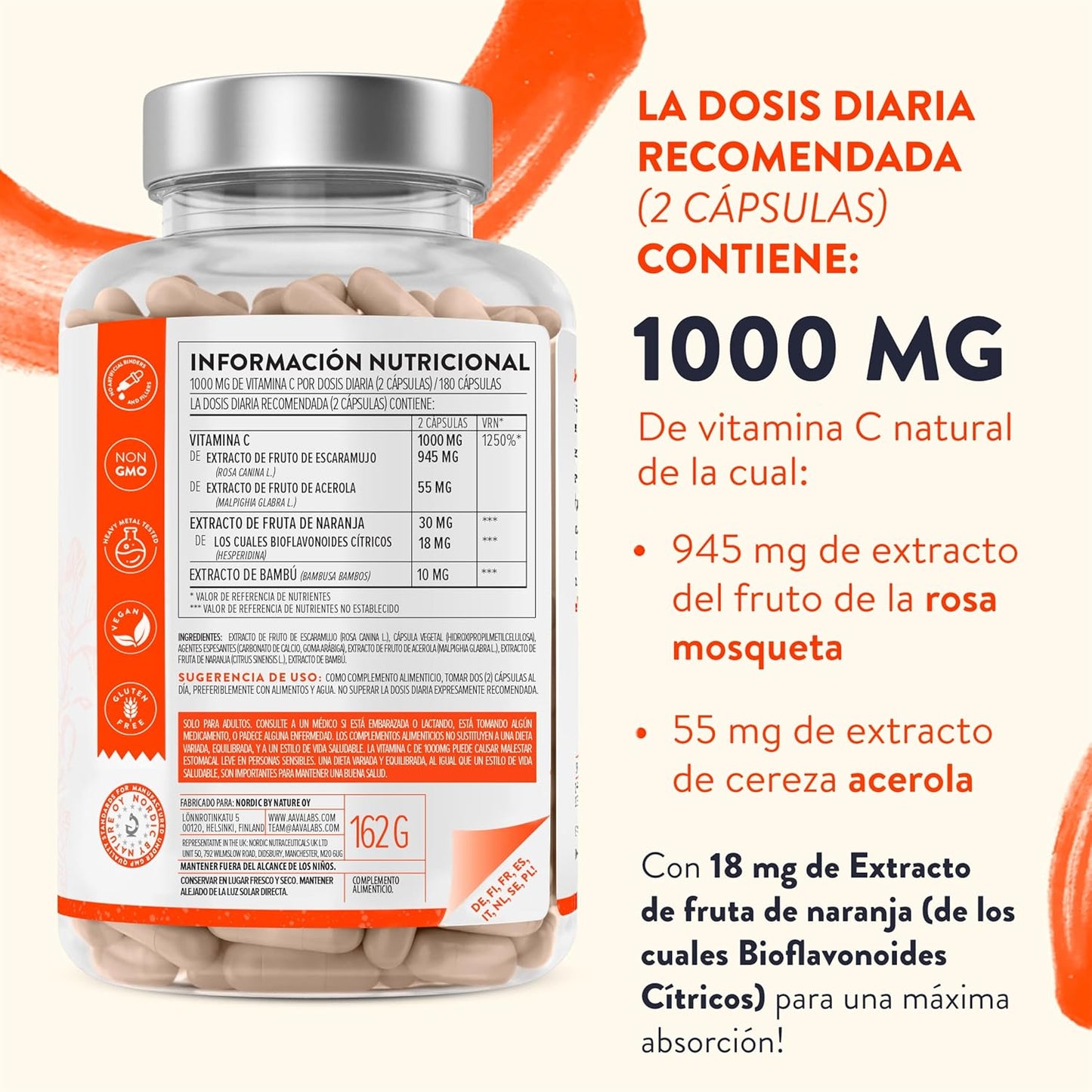 Vitamina C 1000 Mg - Vitamina C Natural - Con Flavonoides De Fruta CĂtrica Y Acerola - Por Dosis Diaria (2 Cápsulas) - 180 Cápsulas De Vitamina C Pura Altamente Concentrada- Vegano Y Sin Gluten