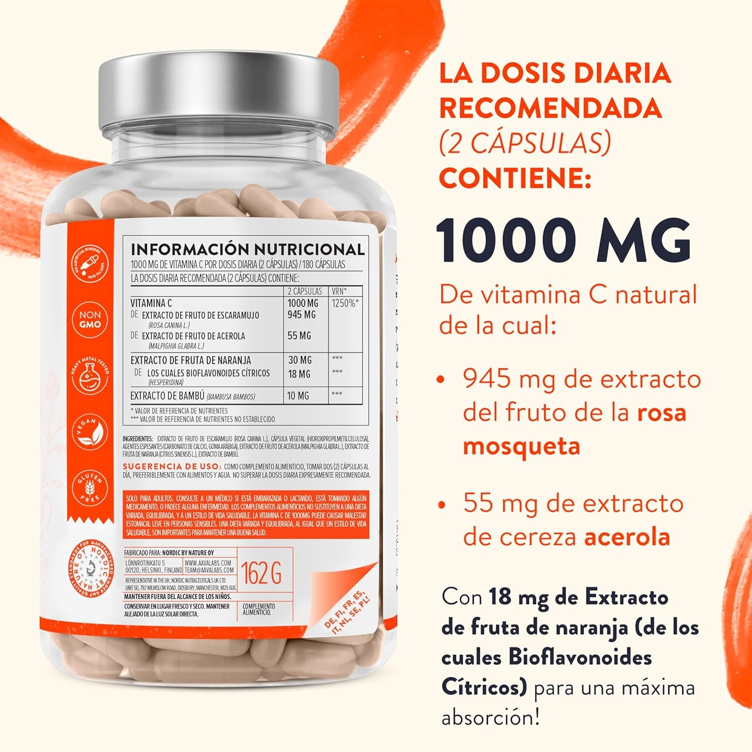Vitamina C 1000 Mg - Vitamina C Natural - Con Flavonoides De Fruta CĂtrica Y Acerola - Por Dosis Diaria (2 Cápsulas) - 180 Cápsulas De Vitamina C Pura Altamente Concentrada- Vegano Y Sin Gluten