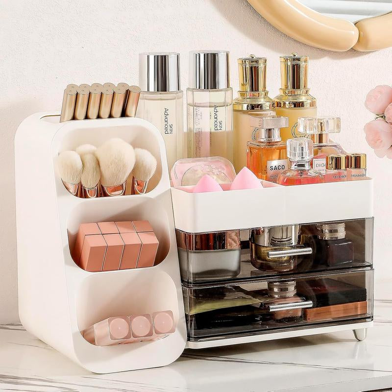 Makeup Organizer with Drawers, Large Bathroom Countertop Storage for Vanity, & Skincare Display Case for Brushes, Perfumes, Lipsticks (Cream White)