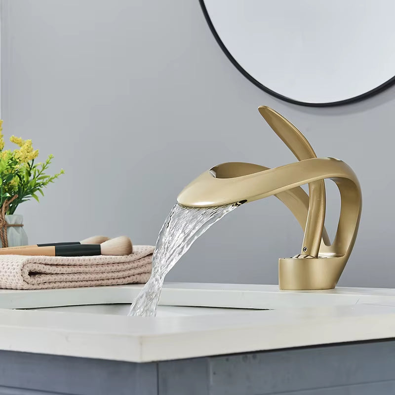 Elegant Black Waterfall Basin Faucet – Solid Brass, Single Handle, Creative Hollow Design for Modern Bathrooms