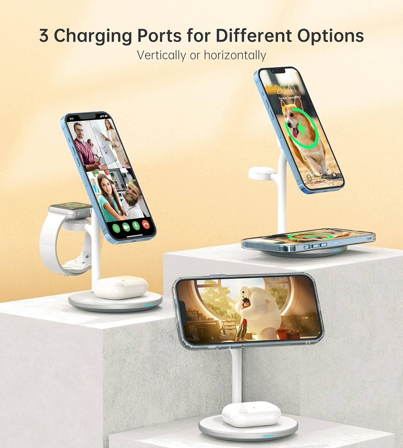 3 in 1 Wireless Charging Station for Apple Devices, 15W Fast Wireless Mag-Safe Charger Stand with 20W Adapter for Iphone 17 16 15 14 13 12 Pro Max/Air/Plus/Pro/Mini,Iwatch,Airpods (White)