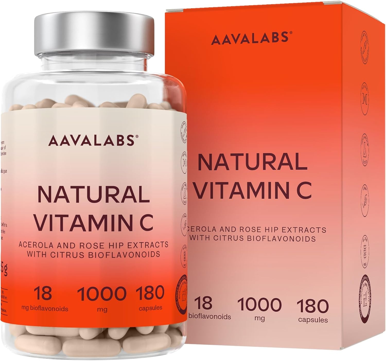 Vitamina C 1000 Mg - Vitamina C Natural - Con Flavonoides De Fruta CĂtrica Y Acerola - Por Dosis Diaria (2 Cápsulas) - 180 Cápsulas De Vitamina C Pura Altamente Concentrada- Vegano Y Sin Gluten