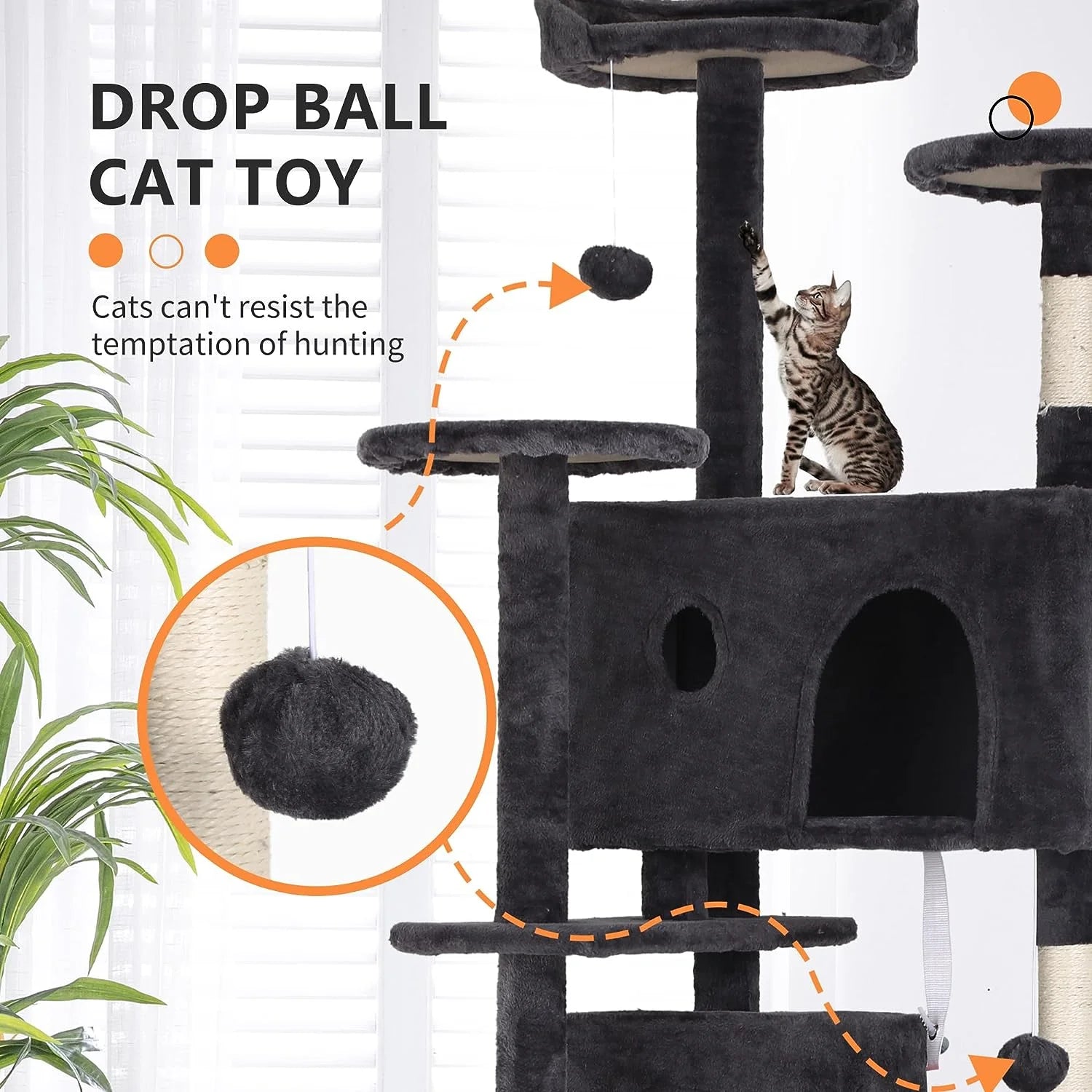 🐾 Árbol Rascador para Gatos de 1,78 m – Torre con Casa, Juguetes y Postes Rascadores (Gris Oscuro)