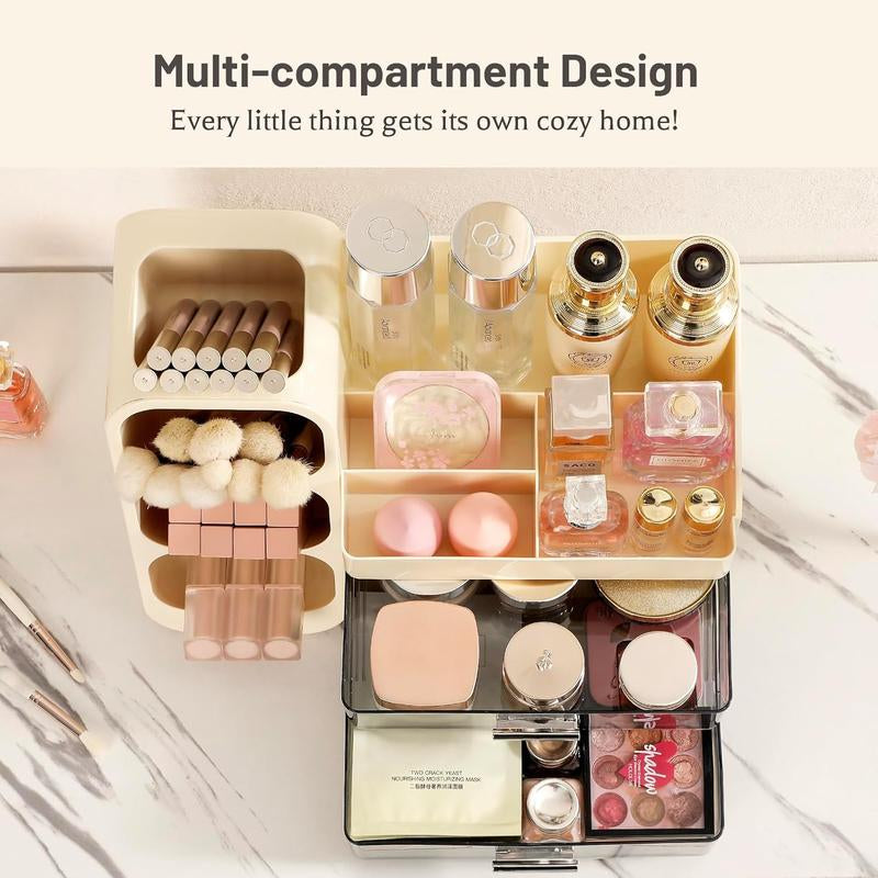 Makeup Organizer with Drawers, Large Bathroom Countertop Storage for Vanity, & Skincare Display Case for Brushes, Perfumes, Lipsticks (Cream White)