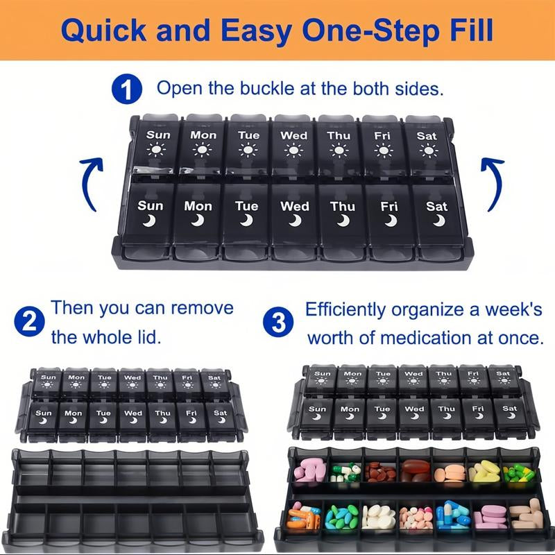 【Father'S Day Gifts】Weekly Pill Storage Box, 2 Times a Day, Large Daily Medicine Box for 7 Days, Convenient Button Design, Detachable Medicine Rack, Suitable for Vitamins/Fish Oil/Supplements (Black))