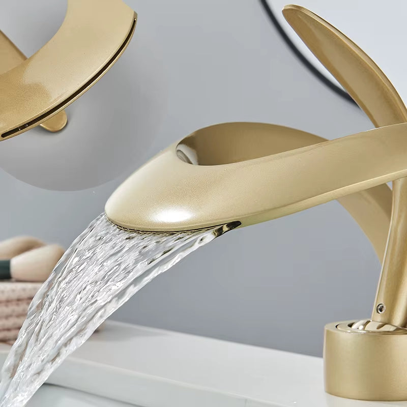 Elegant Black Waterfall Basin Faucet – Solid Brass, Single Handle, Creative Hollow Design for Modern Bathrooms