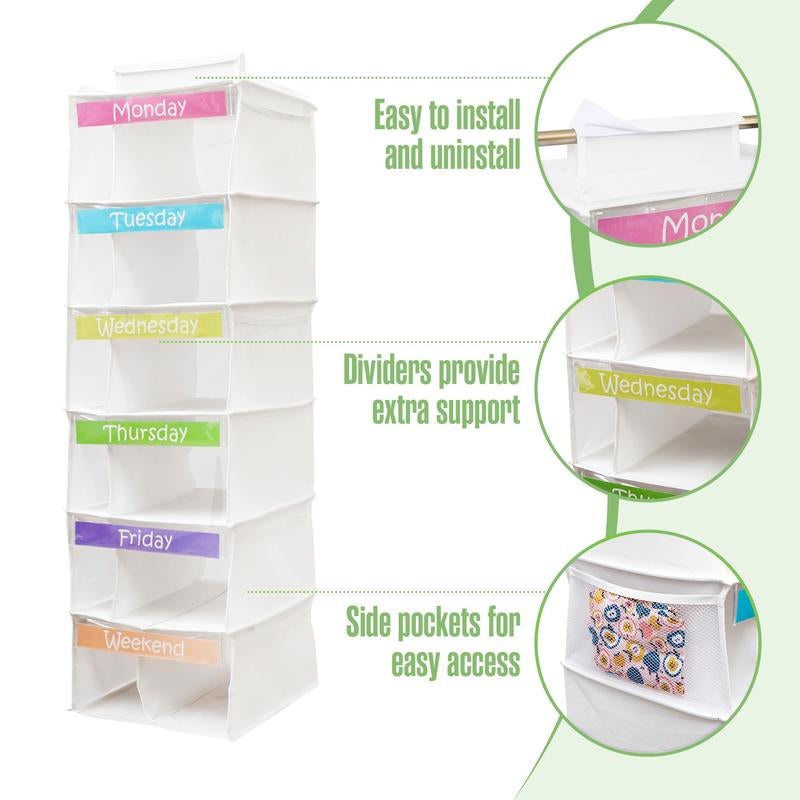 Houseables Kids Clothes Organizer, Weekly Clothes Organizer for Kids, Outfit Organizers, Closet Daily Outfit Storage, Monday through Friday Clothing, Day of the Week, Weekday, School, Hanging, 6 Shelf