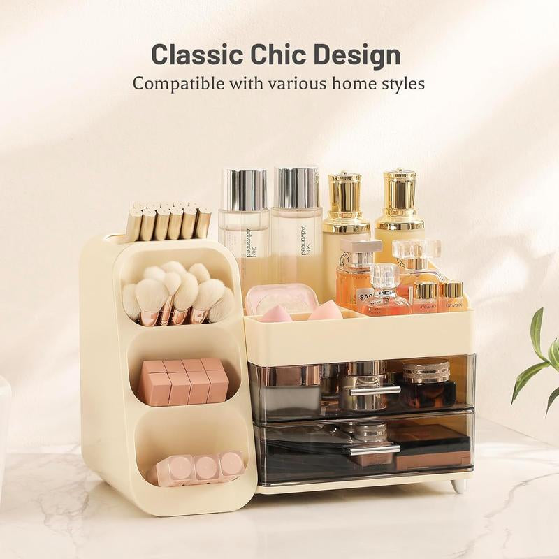 Makeup Organizer with Drawers, Large Bathroom Countertop Storage for Vanity, & Skincare Display Case for Brushes, Perfumes, Lipsticks (Cream White)