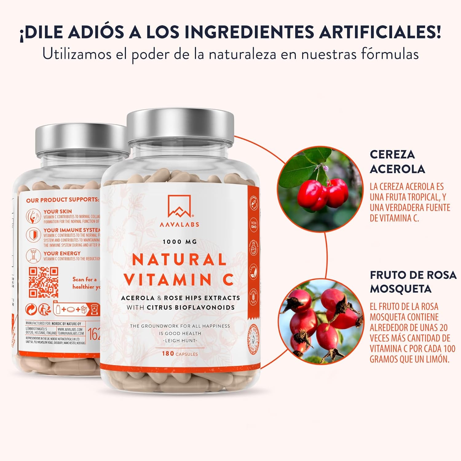 Vitamina C 1000 Mg - Vitamina C Natural - Con Flavonoides De Fruta CĂtrica Y Acerola - Por Dosis Diaria (2 Cápsulas) - 180 Cápsulas De Vitamina C Pura Altamente Concentrada- Vegano Y Sin Gluten