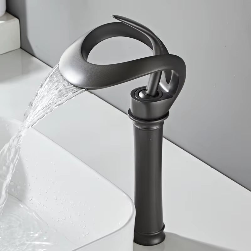 Elegant Black Waterfall Basin Faucet – Solid Brass, Single Handle, Creative Hollow Design for Modern Bathrooms