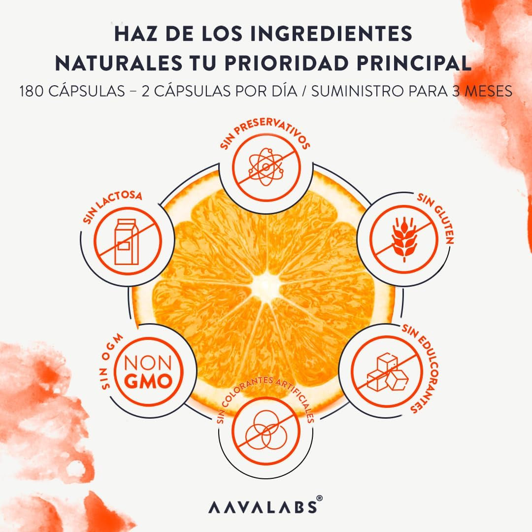Vitamina C 1000 Mg - Vitamina C Natural - Con Flavonoides De Fruta CĂtrica Y Acerola - Por Dosis Diaria (2 Cápsulas) - 180 Cápsulas De Vitamina C Pura Altamente Concentrada- Vegano Y Sin Gluten