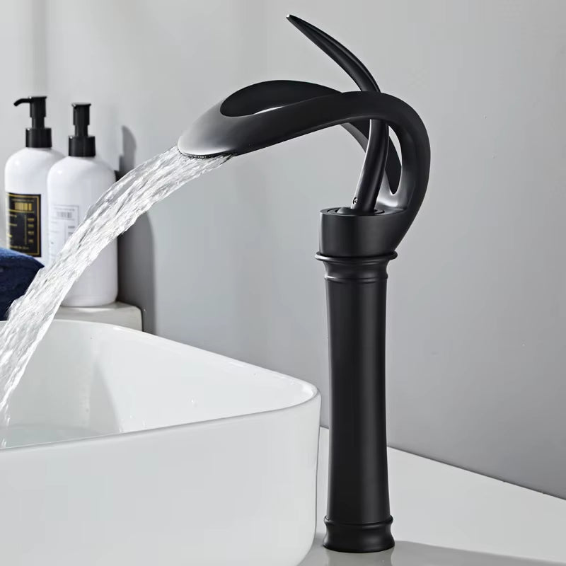 Elegant Black Waterfall Basin Faucet – Solid Brass, Single Handle, Creative Hollow Design for Modern Bathrooms