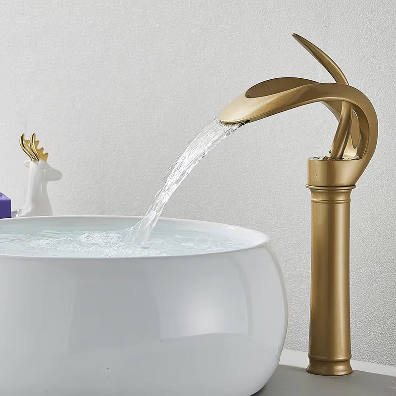 Elegant Black Waterfall Basin Faucet – Solid Brass, Single Handle, Creative Hollow Design for Modern Bathrooms