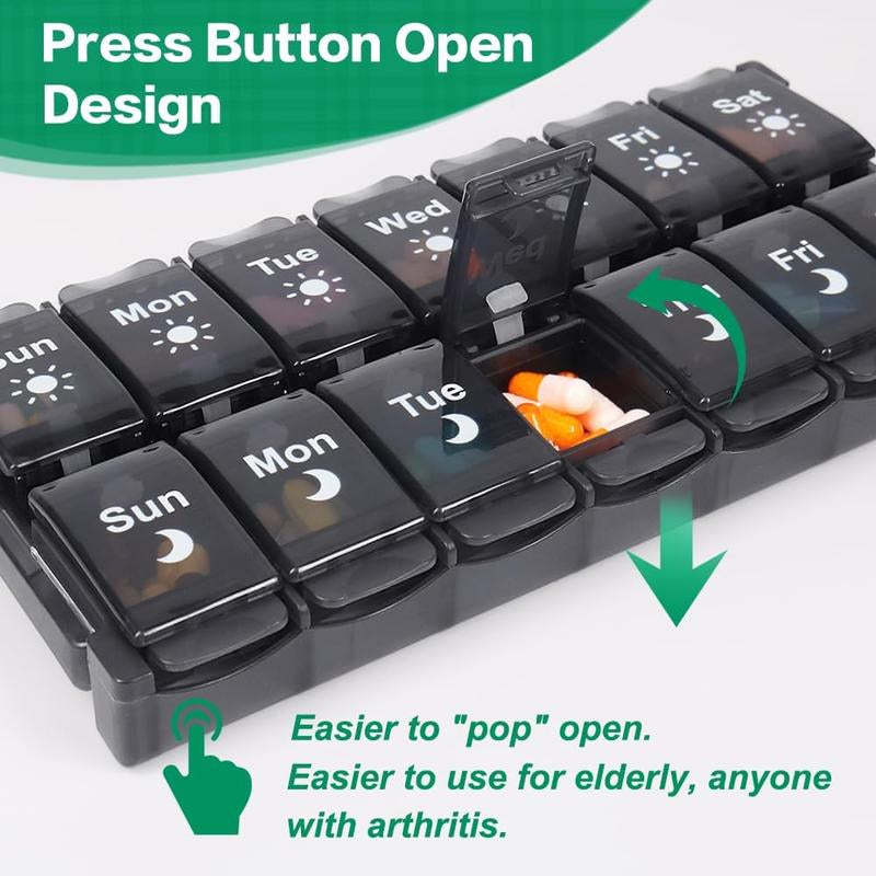 【Father'S Day Gifts】Weekly Pill Storage Box, 2 Times a Day, Large Daily Medicine Box for 7 Days, Convenient Button Design, Detachable Medicine Rack, Suitable for Vitamins/Fish Oil/Supplements (Black))
