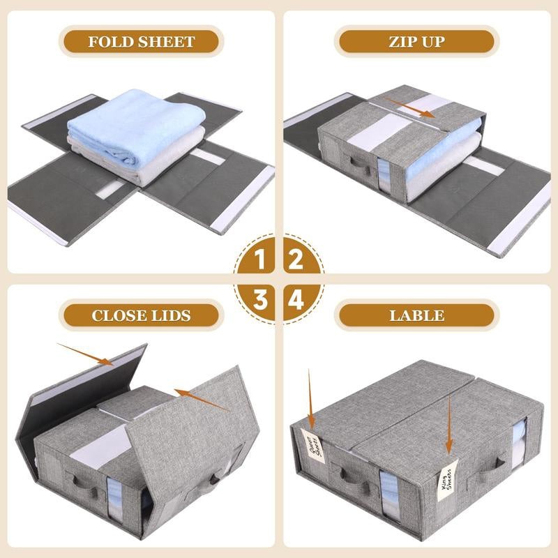 2/4 Pack Bed Sheet Organizers, Foldable Linen Closet Organizers and Storage, Linen Closet Storage (Queen or King Size) with Double Window for Bedding Sheets, Duvet Covers and Pillow Cases