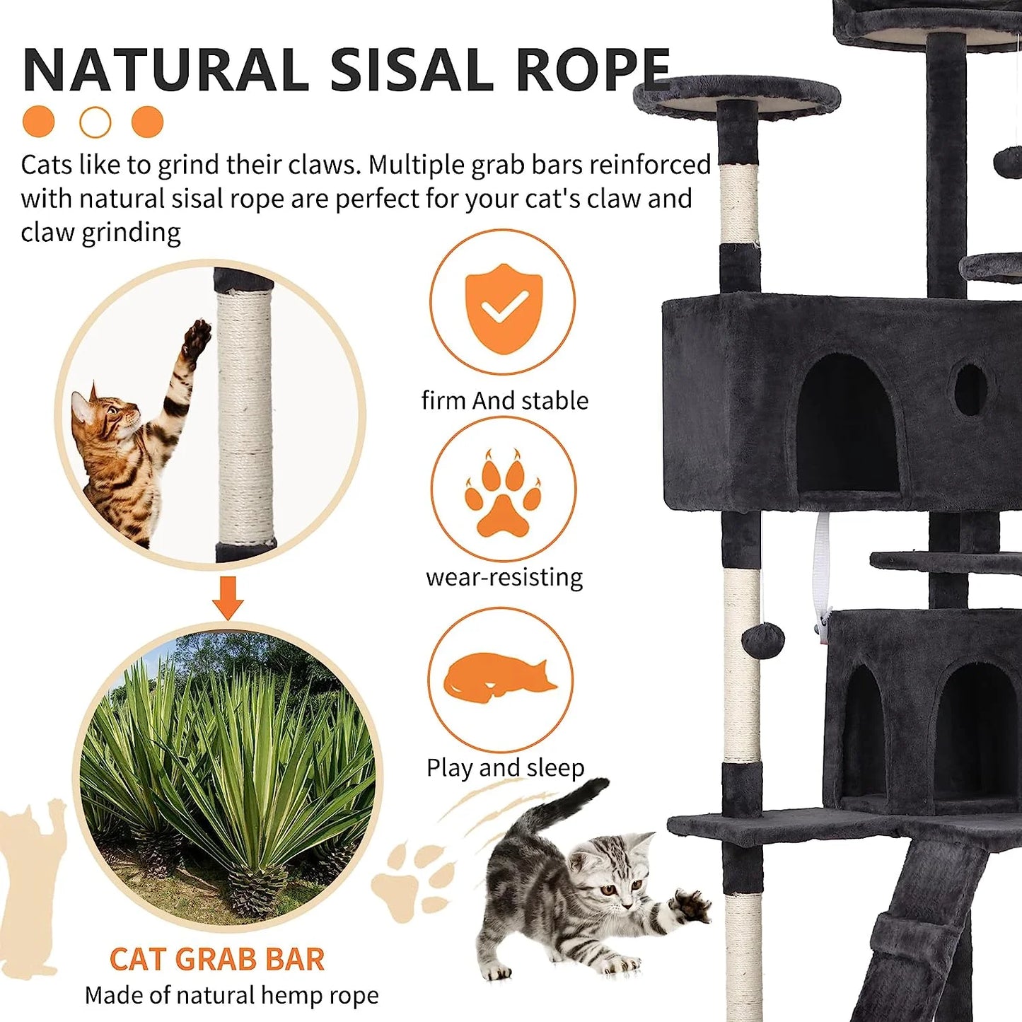 🐾 Árbol Rascador para Gatos de 1,78 m – Torre con Casa, Juguetes y Postes Rascadores (Gris Oscuro)