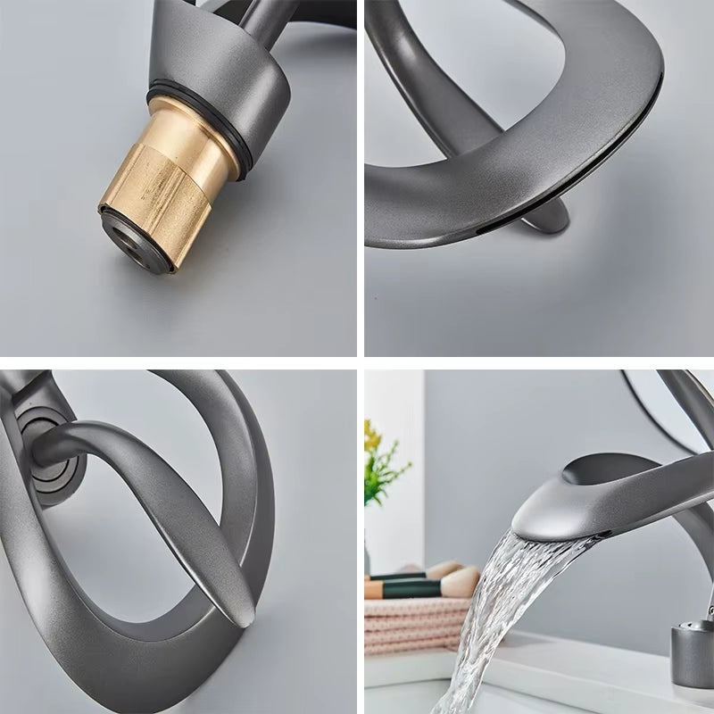 Elegant Black Waterfall Basin Faucet – Solid Brass, Single Handle, Creative Hollow Design for Modern Bathrooms