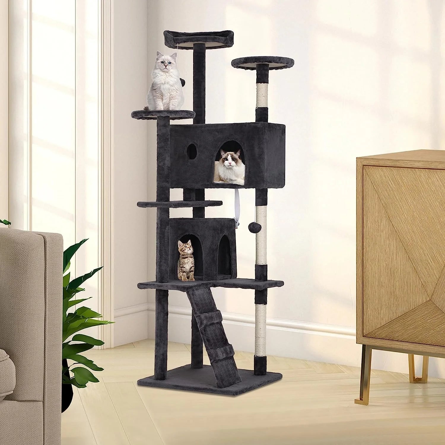 🐾 Árbol Rascador para Gatos de 1,78 m – Torre con Casa, Juguetes y Postes Rascadores (Gris Oscuro)
