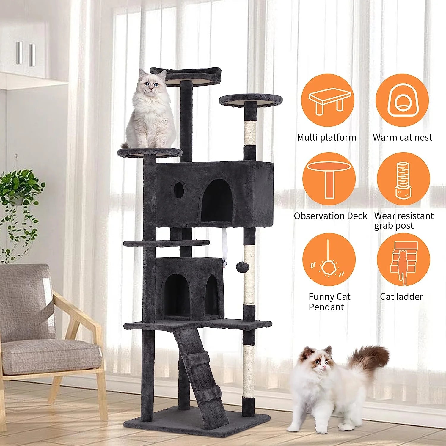 🐾 Árbol Rascador para Gatos de 1,78 m – Torre con Casa, Juguetes y Postes Rascadores (Gris Oscuro)