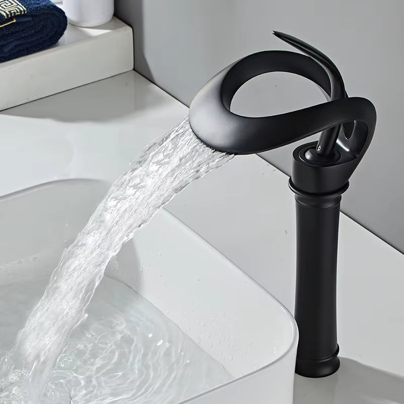 Elegant Black Waterfall Basin Faucet – Solid Brass, Single Handle, Creative Hollow Design for Modern Bathrooms