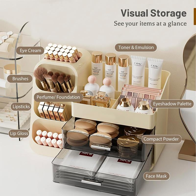 Makeup Organizer with Drawers, Large Bathroom Countertop Storage for Vanity, & Skincare Display Case for Brushes, Perfumes, Lipsticks (Cream White)