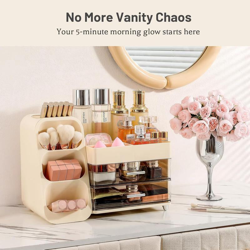 Makeup Organizer with Drawers, Large Bathroom Countertop Storage for Vanity, & Skincare Display Case for Brushes, Perfumes, Lipsticks (Cream White)
