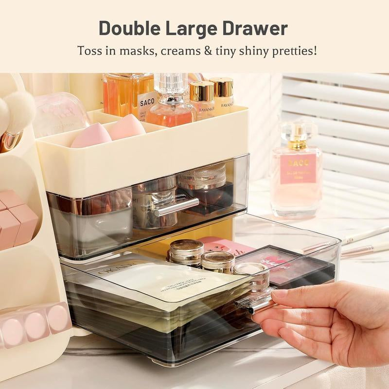 Makeup Organizer with Drawers, Large Bathroom Countertop Storage for Vanity, & Skincare Display Case for Brushes, Perfumes, Lipsticks (Cream White)
