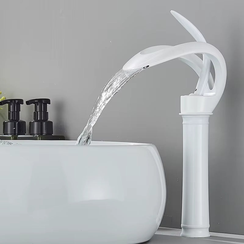 Elegant Black Waterfall Basin Faucet – Solid Brass, Single Handle, Creative Hollow Design for Modern Bathrooms