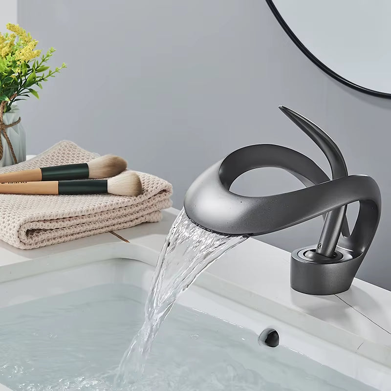 Elegant Black Waterfall Basin Faucet – Solid Brass, Single Handle, Creative Hollow Design for Modern Bathrooms
