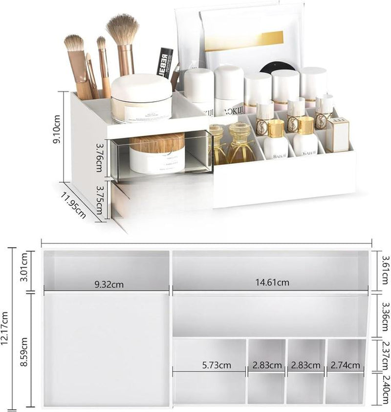 Subsky Makeup Organizer with Drawers, Easy Storage for Beauty Products Brushes, Multifunction Plastic Desk Organizer, Cosmetics Organizer for Countertop Dresser Vanity and Bathroom (White)