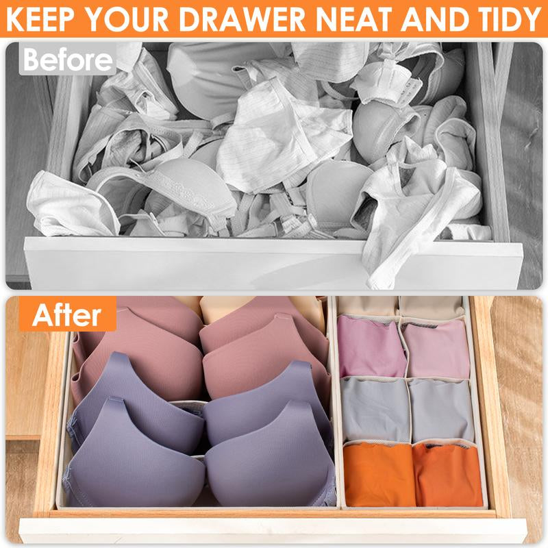 Beige Box Organizer Set - 6 Pack Sock Underwear Drawer Organizer with Dividers, Includes Bra, Panty, Scarf & Ties Storage Bins Shoe Storage Box Room