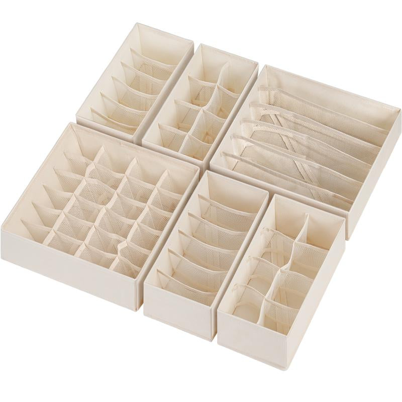 Beige Box Organizer Set - 6 Pack Sock Underwear Drawer Organizer with Dividers, Includes Bra, Panty, Scarf & Ties Storage Bins Shoe Storage Box Room