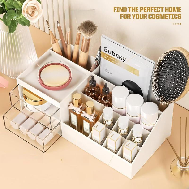 Subsky Makeup Organizer with Drawers, Easy Storage for Beauty Products Brushes, Multifunction Plastic Desk Organizer, Cosmetics Organizer for Countertop Dresser Vanity and Bathroom (White)