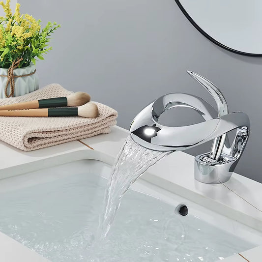 Elegant Black Waterfall Basin Faucet – Solid Brass, Single Handle, Creative Hollow Design for Modern Bathrooms