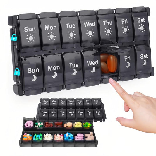 【Father'S Day Gifts】Weekly Pill Storage Box, 2 Times a Day, Large Daily Medicine Box for 7 Days, Convenient Button Design, Detachable Medicine Rack, Suitable for Vitamins/Fish Oil/Supplements (Black）)
