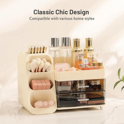 Makeup Organizer with Drawers, Large Bathroom Countertop Storage for Vanity, & Skincare Display Case for Brushes, Perfumes, Lipsticks (Cream White)