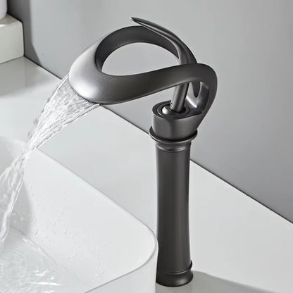 Elegant Black Waterfall Basin Faucet – Solid Brass, Single Handle, Creative Hollow Design for Modern Bathrooms
