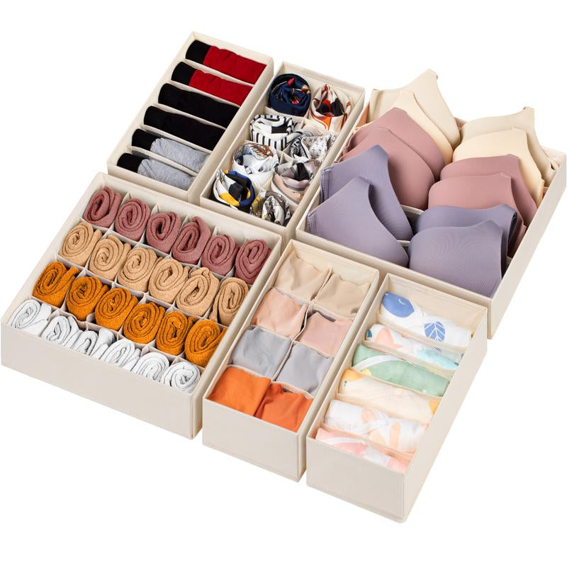 Beige Box Organizer Set - 6 Pack Sock Underwear Drawer Organizer with Dividers, Includes Bra, Panty, Scarf & Ties Storage Bins Shoe Storage Box Room
