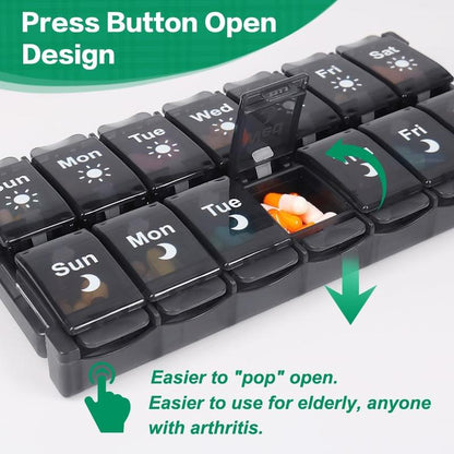 【Father'S Day Gifts】Weekly Pill Storage Box, 2 Times a Day, Large Daily Medicine Box for 7 Days, Convenient Button Design, Detachable Medicine Rack, Suitable for Vitamins/Fish Oil/Supplements (Black）)