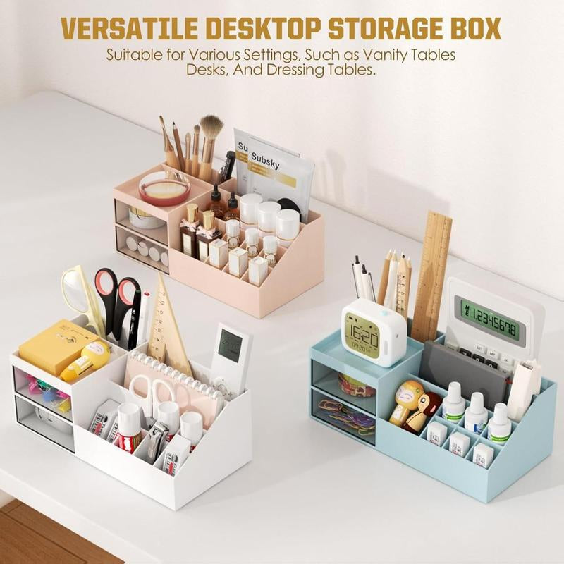 Subsky Makeup Organizer with Drawers, Easy Storage for Beauty Products Brushes, Multifunction Plastic Desk Organizer, Cosmetics Organizer for Countertop Dresser Vanity and Bathroom (White)
