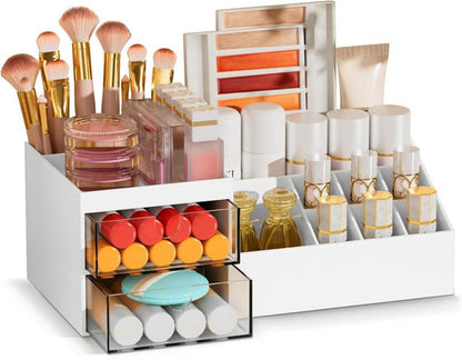 Subsky Makeup Organizer with Drawers, Easy Storage for Beauty Products Brushes, Multifunction Plastic Desk Organizer, Cosmetics Organizer for Countertop Dresser Vanity and Bathroom (White)