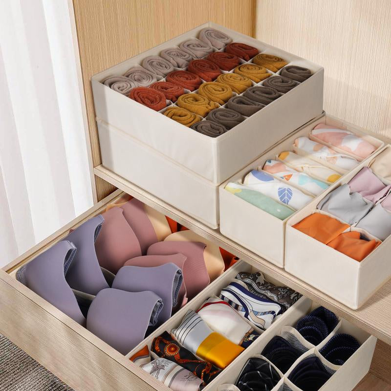 Beige Box Organizer Set - 6 Pack Sock Underwear Drawer Organizer with Dividers, Includes Bra, Panty, Scarf & Ties Storage Bins Shoe Storage Box Room
