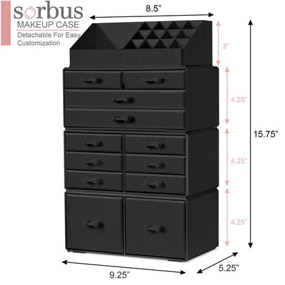 Sorbus Large Makeup Organizer - Stackable Jewel Design with 12 Drawers and Lipstick Slots Boxes Gift Set Brush Case Decor