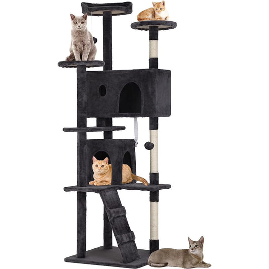 🐾 Árbol Rascador para Gatos de 1,78 m – Torre con Casa, Juguetes y Postes Rascadores (Gris Oscuro)