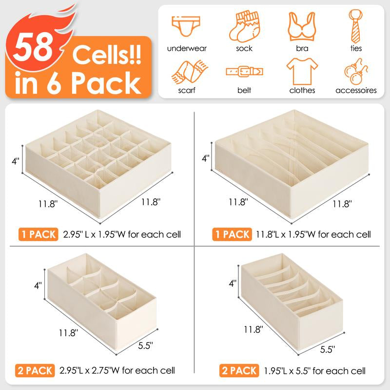 Beige Box Organizer Set - 6 Pack Sock Underwear Drawer Organizer with Dividers, Includes Bra, Panty, Scarf & Ties Storage Bins Shoe Storage Box Room