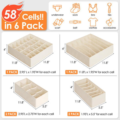 Beige Box Organizer Set - 6 Pack Sock Underwear Drawer Organizer with Dividers, Includes Bra, Panty, Scarf & Ties Storage Bins Shoe Storage Box Room