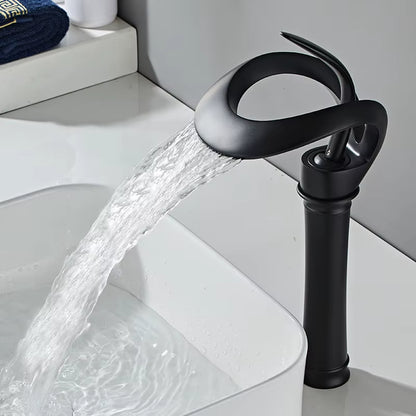 Elegant Black Waterfall Basin Faucet – Solid Brass, Single Handle, Creative Hollow Design for Modern Bathrooms
