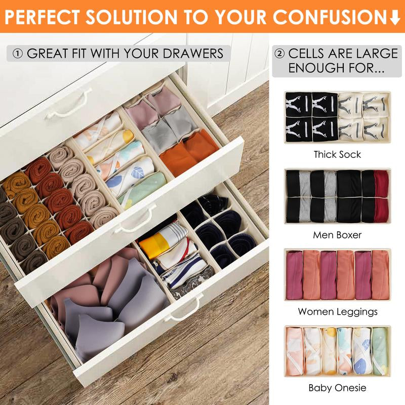Beige Box Organizer Set - 6 Pack Sock Underwear Drawer Organizer with Dividers, Includes Bra, Panty, Scarf & Ties Storage Bins Shoe Storage Box Room